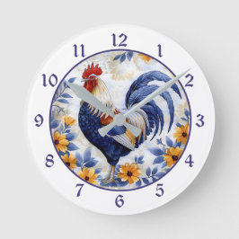 Gold Floral Blue Rooster Farmhouse Runde Wanduhr