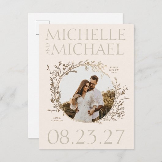 Gold Floral Border Foto Save the Date Postkarte (Vorne/Hinten)