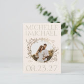 Gold Floral Border Foto Save the Date Postkarte (Stehend Vorderseite)