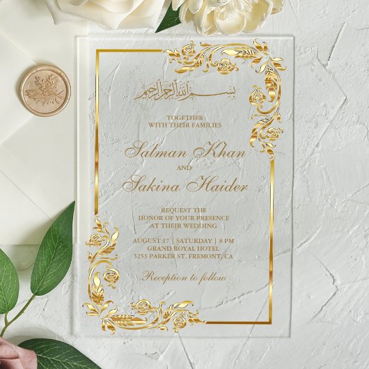 Gold Floral Border Islamic Wedding Acryleinladungen