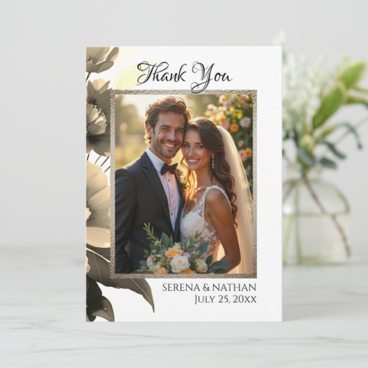 Gold Floral Border Wedding Foto Danke Karte (Stehend Vorderseite)