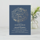 Gold Floral Bouquet Navy Engagement Party Einladung (Stehend Vorderseite)