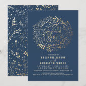 Gold Floral Bouquet Navy Engagement Party Einladung (Vorne/Hinten)