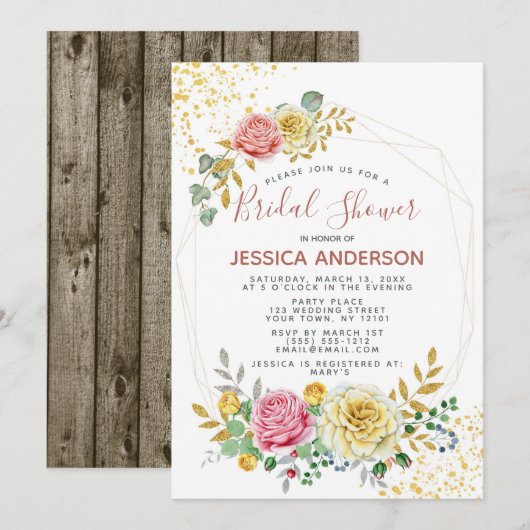 Gold Floral Brautparty Einladung (Vorne/Hinten)