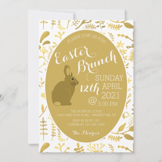 Gold Floral Bunny Ostereier, Osterbrunch Ankündigung (Vorderseite)