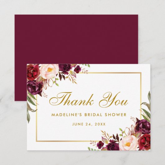 Gold Floral Burgundy Brautparty dank SB Dankeskarte (Vorne/Hinten)