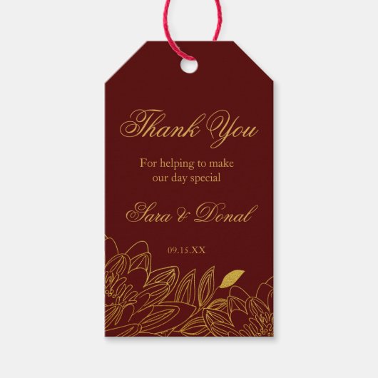 Gold Floral Burgundy Gastgeschenk Hochzeit Danke T Geschenkanhänger (Vorderseite)