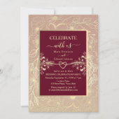Gold Floral Burgundy Hochzeitsempfang Einladung (Vorderseite)