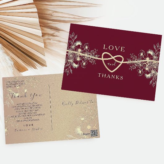 Gold Floral Burgundy Wedding Danke Postcard Postkarte