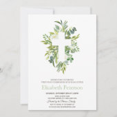 Gold Floral Cross Blätter Erste Heilige Kommune Einladung (Vorderseite)