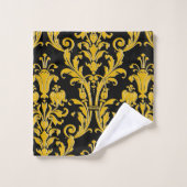 Gold Floral Damask auf schwarz Badhandtuch Set (Waschlappen)