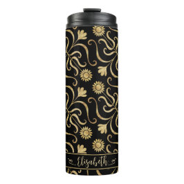 Gold Floral Damask Sonnenblume Klassik Schwarze Fo Thermosbecher