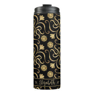 Gold Floral Damask Sonnenblume Klassik Schwarze Fo Thermosbecher