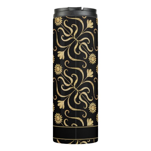 Gold Floral Damask Sonnenblume Klassik Schwarze Fo Thermosbecher (Rückseite)