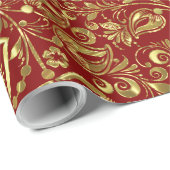 Gold Floral Damaskus Muster Red Background Geschenkpapier (Rolleneckpunkt)