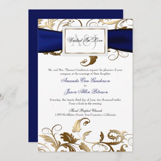 Gold Floral Einladung mit Navy Bow (Vorne/Hinten)