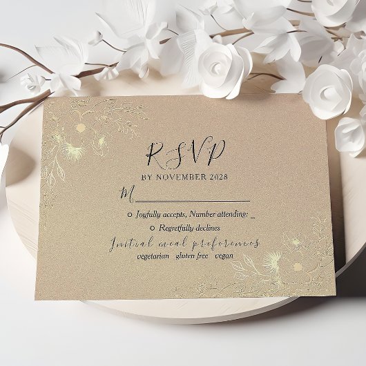 Gold Floral Elegant Wedding RSVP Card