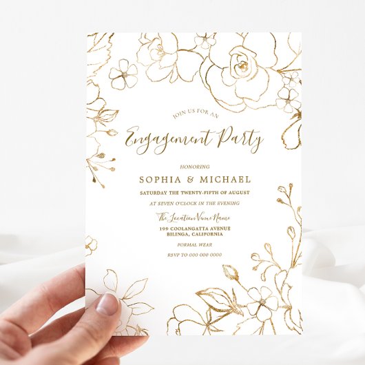 Gold Floral Elegante White Modern Engagement Party Einladung