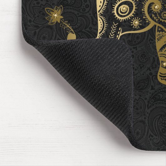 Gold Floral Elephant Black Background Mousepad (Ecke)