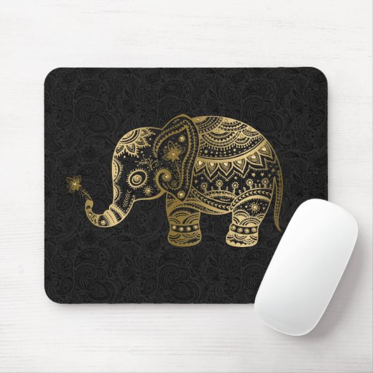 Gold Floral Elephant Black Background Mousepad (Mit Mouse)