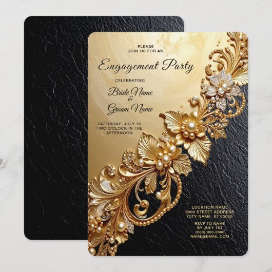 Gold Floral Embellishments Engagement Invitation Einladung (Vorne/Hinten)