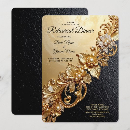 Gold Floral Embellishments Rehearsal Dinner Einladung (Vorne/Hinten)