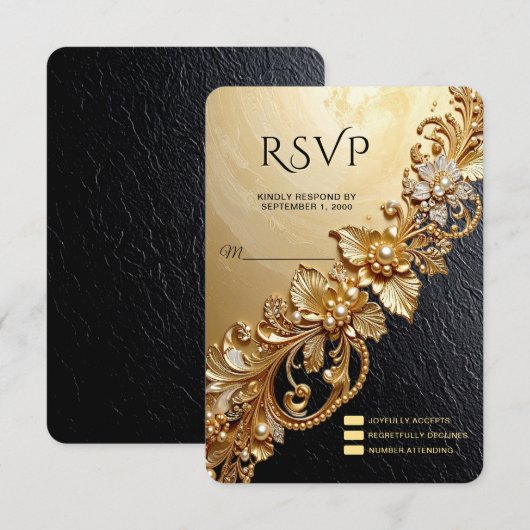Gold Floral Embellishments RSVP Card Karte (Vorne/Hinten)