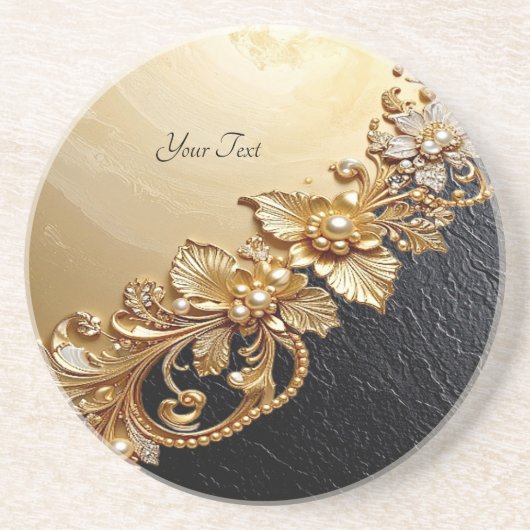 Gold Floral Embellishments Sandstone Coaster Getränkeuntersetzer (Vorne)