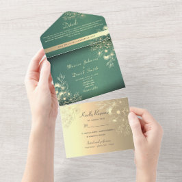 Gold Floral Emerald Wedding All In One Einladung