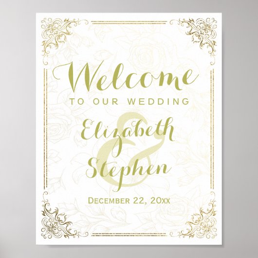 Gold Floral Frame Begrüßungszeichen für Hochzeitse Poster (Vorne)