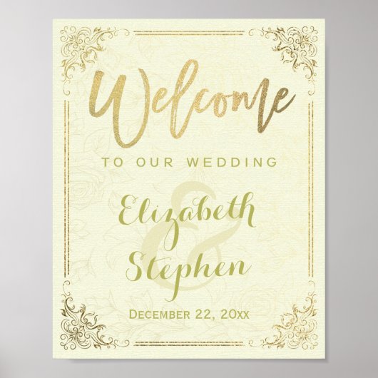 Gold Floral Frame Begrüßungszeichen für Hochzeitse Poster (Vorne)