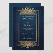 Gold Floral Frame Navy Hochzeitseinladung Einladung (Vorne/Hinten)