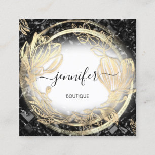 Gold Floral Frame QRCode Logo Black Abstarted Quadratische Visitenkarte
