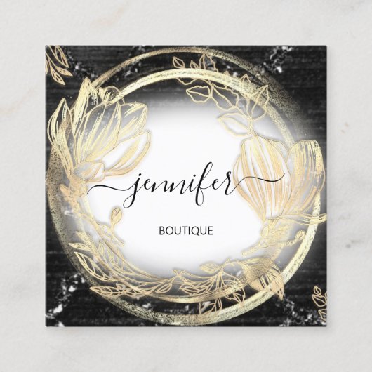 Gold Floral Frame QRCode Logo Schwarz-weiß Quadratische Visitenkarte (Vorderseite)