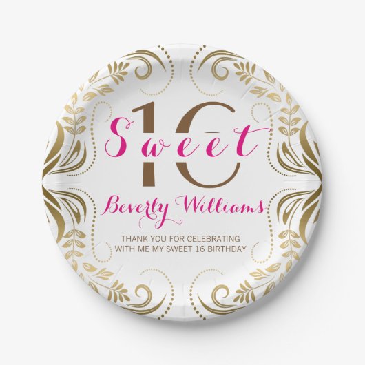 Gold Floral Frame Sweet 16 Template Pappteller (Vorderseite)