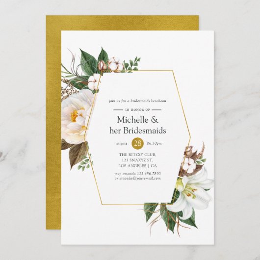 Gold Floral Geometric Bridesmaids Luncheon Einladung (Vorne/Hinten)