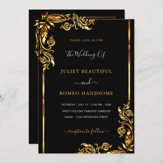 Gold Floral Gerahmt Black Luxury Wedding Einladung (Vorne/Hinten)