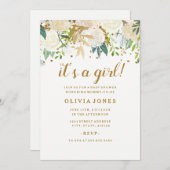 Gold Floral Glitzer Girl Babydusche Einladung (Vorne/Hinten)