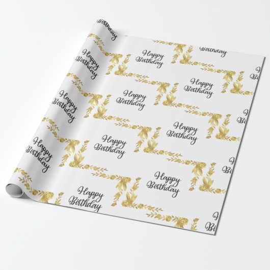 Gold Floral Happy Birthday Geschenkpapier (Ungerollt)