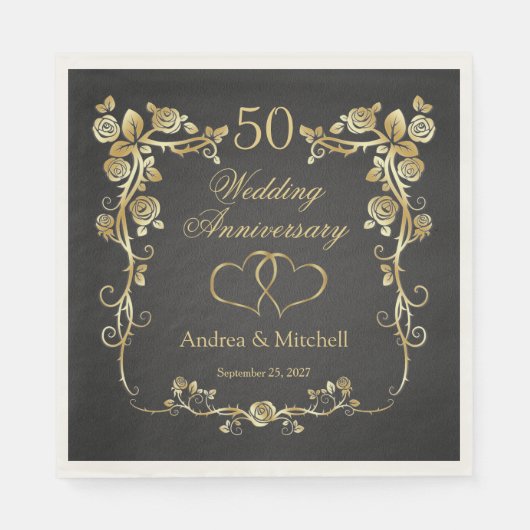 Gold Floral Hearts 50. Hochzeitstag Napki Serviette (Vorderseite)