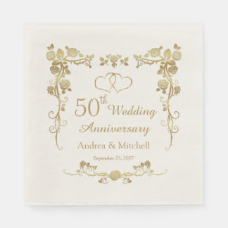 Gold Floral Hearts 50. Hochzeitstag Serviette