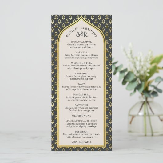 Gold Floral Indian & Hindu Wedding Program Card Programm (Stehend Vorderseite)