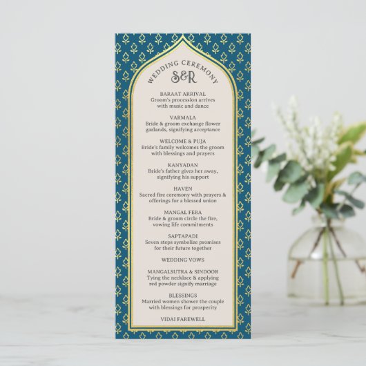 Gold Floral Indian & Hindu Wedding Program Card Programm (Stehend Vorderseite)