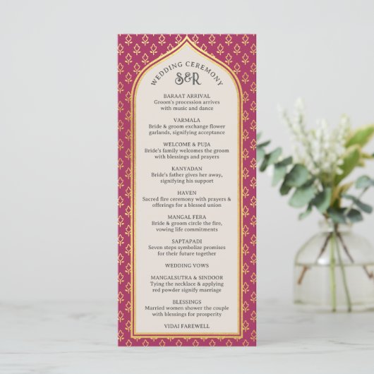 Gold Floral Indian & Hindu Wedding Program Card Programm (Stehend Vorderseite)