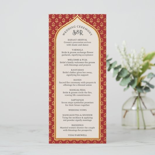 Gold Floral Indian & Hindu Wedding Program Card Programm (Stehend Vorderseite)
