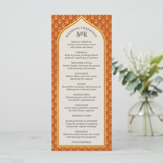 Gold Floral Indian & Hindu Wedding Program Card Programm (Stehend Vorderseite)