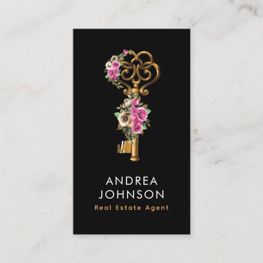 Gold Floral Key Logo Real Anwesen QR Code Foto hin Visitenkarte (Vorderseite)