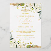 Gold Floral Lace Quinceanera 15. Geburtstag Folieneinladung (Vorderseite)