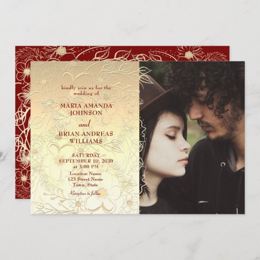 Gold Floral Lace Wedding Foto Einladung (Vorne/Hinten)