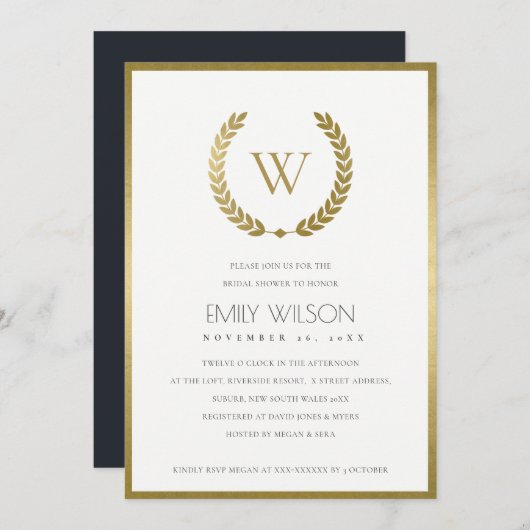 GOLD FLORAL LAUREL BRAUTPARTY INVITE DANKESKARTE (Vorne/Hinten)